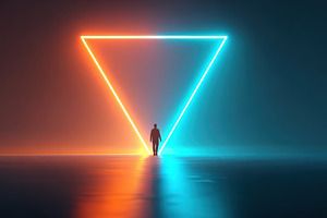 Silhouette walking toward neon inverted triangle, an Abstract Photo by AlyaAnd