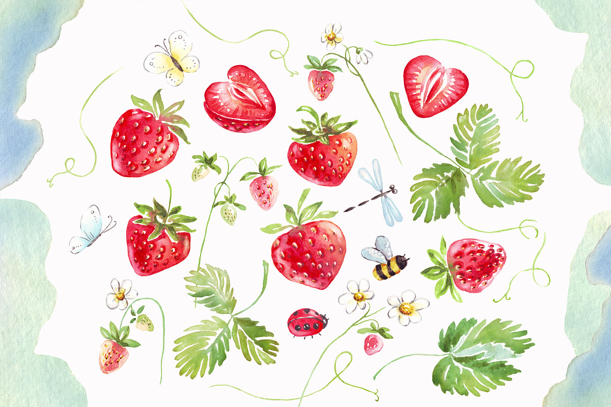 Watercolor strawberry PNG + insects, an Illustration by Alena Kurian (Photo 2 of 3)