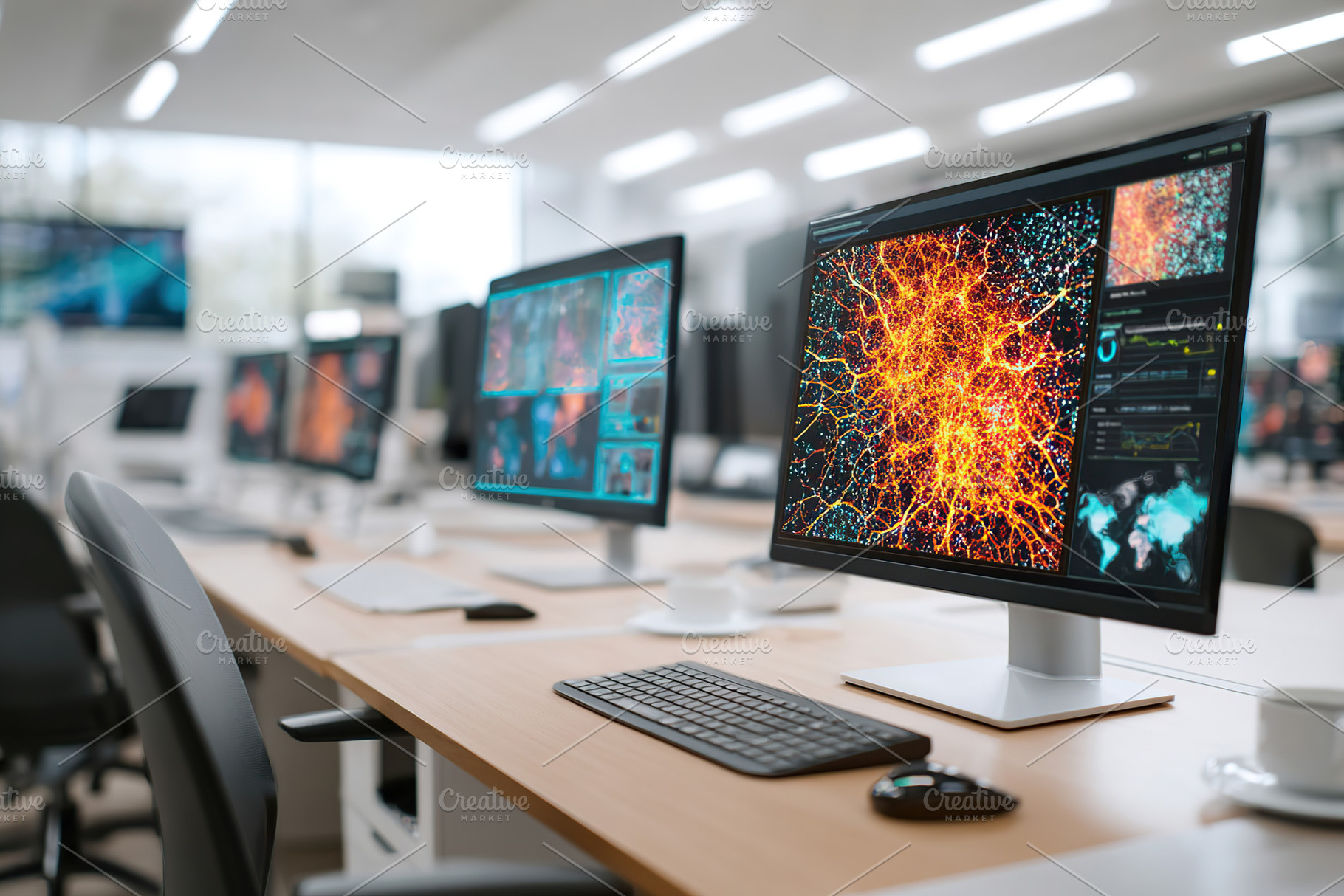 Data analytics workspace equipped with modern computers and vibrant visualizati, a Photo by AlyaAnd