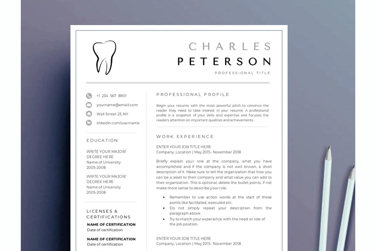 Dental resume, Dentist cv template, a Resume Template by Climbwithelevator (Photo 1 of 6)