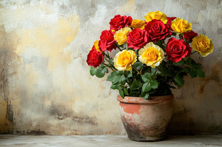 Brightly colored roses in a rustic p, a Photo by Tanuart