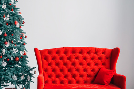 Christmas living room containing background, boxes, and bright