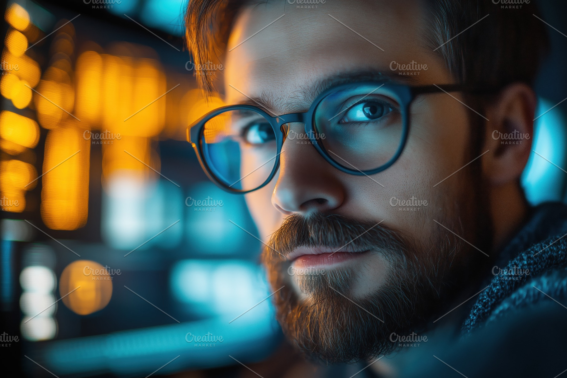 Portrait of a young man IT Evangelist with glasses, looking intently at a scree, a Person Photo by Textures & Backgrounds