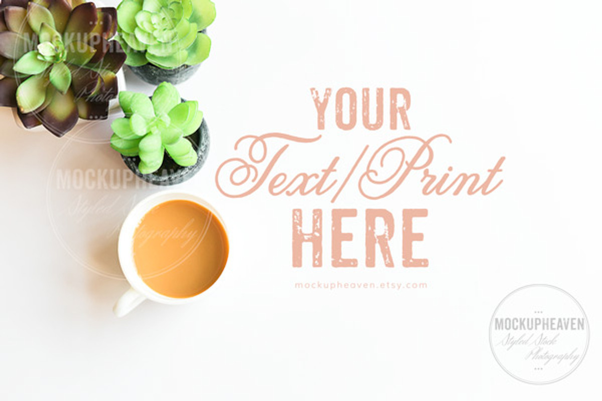 Succulents & Coffee Office Desktop#4, a Print Template by MockUpHeaven