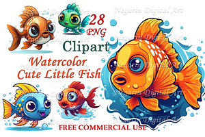 Watercolor Cute Little Fish Clipart