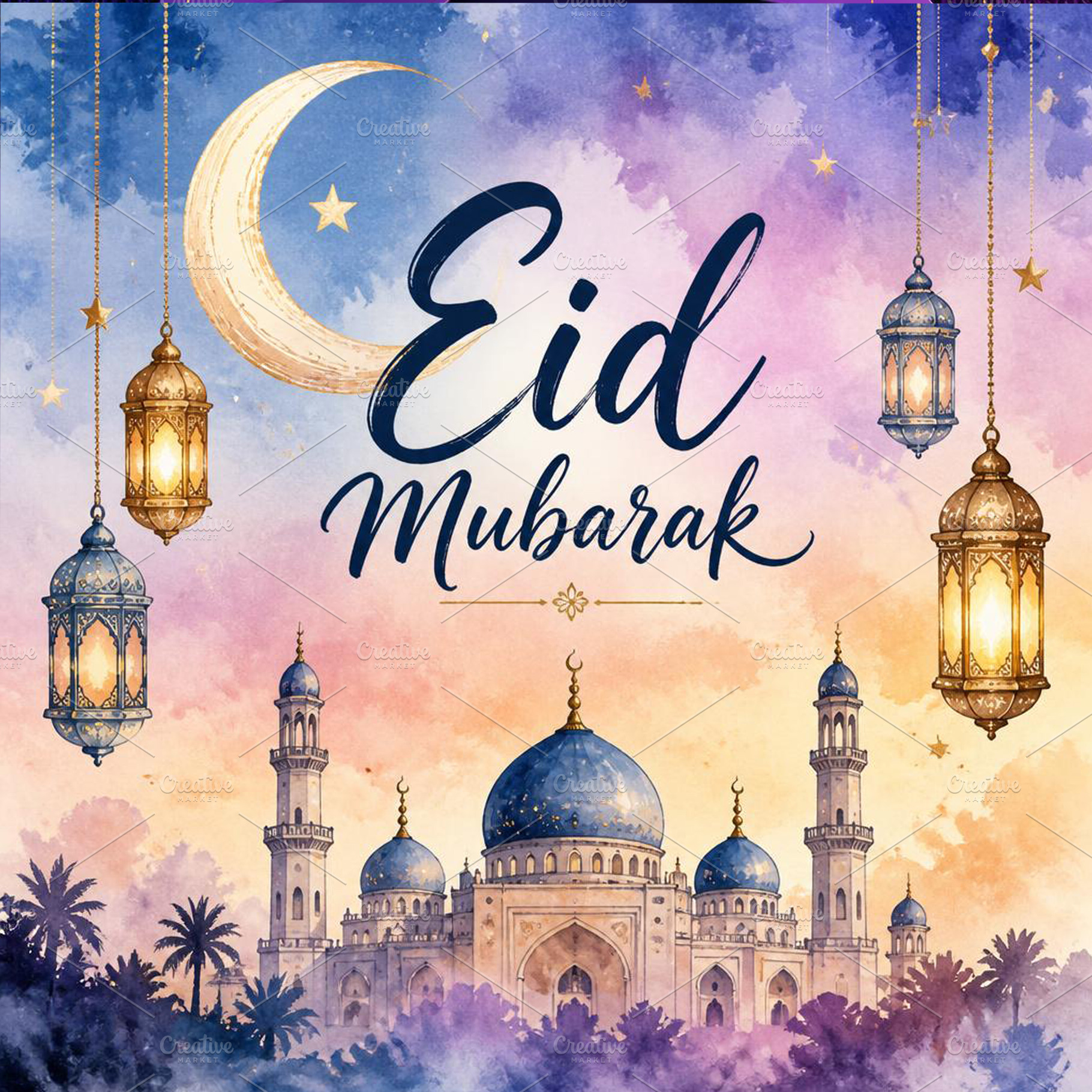 Watercolor Eid Mubarak Illustration, a Holiday Photo by microtasker