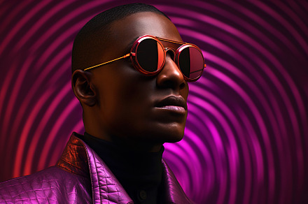 Black man with luxury sunglasses isolated on a purple background, a Person Photo by ImageMir