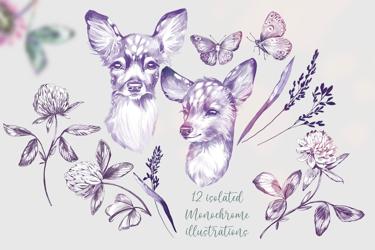 Deers and clover. Set of watercolor, a Decorative Illustration by Shabbypie (Photo 4 of 11)