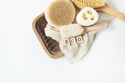 Zero waste, sustainable bathroom and lifestyle. Bamboo brush,, loofah sponge, c, a Health & Medical Photo by Artsaba Family