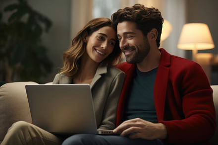 Young couple in love using a laptop while sitting on sofa, a Person Photo by Antonina Vlasova