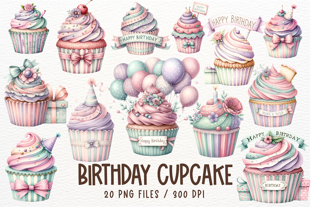 Birthday Cupcake Watercolor Clipart, a Decorative Illustration by Maysa Art (Photo 1 of 4)
