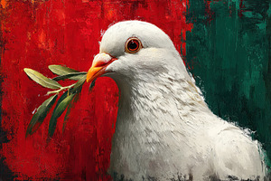 Close up of white dove with olive branch in beak symbolizing pea, an Animal Photo by José Manuel Gelpi