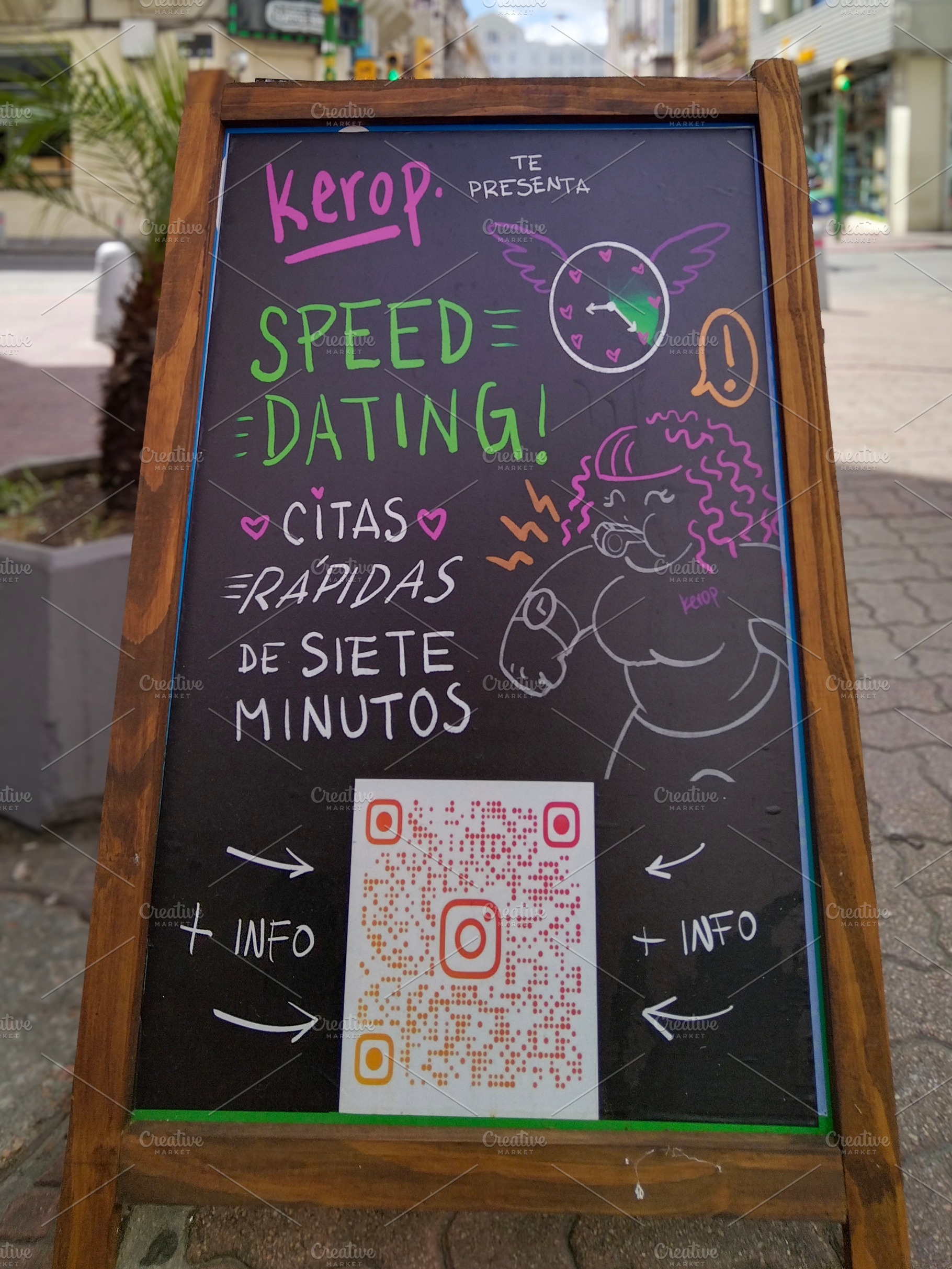 Signboard on a sidewalk promoting a speed dating event, an Arts & Entertainment Photo by DanFLCreativo