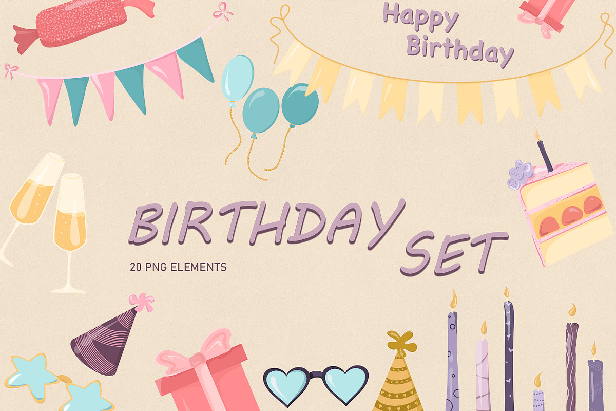 Pastel Birthday Clipart Set, a Decorative Illustration by Vaniuta_Art (Photo 1 of 6)