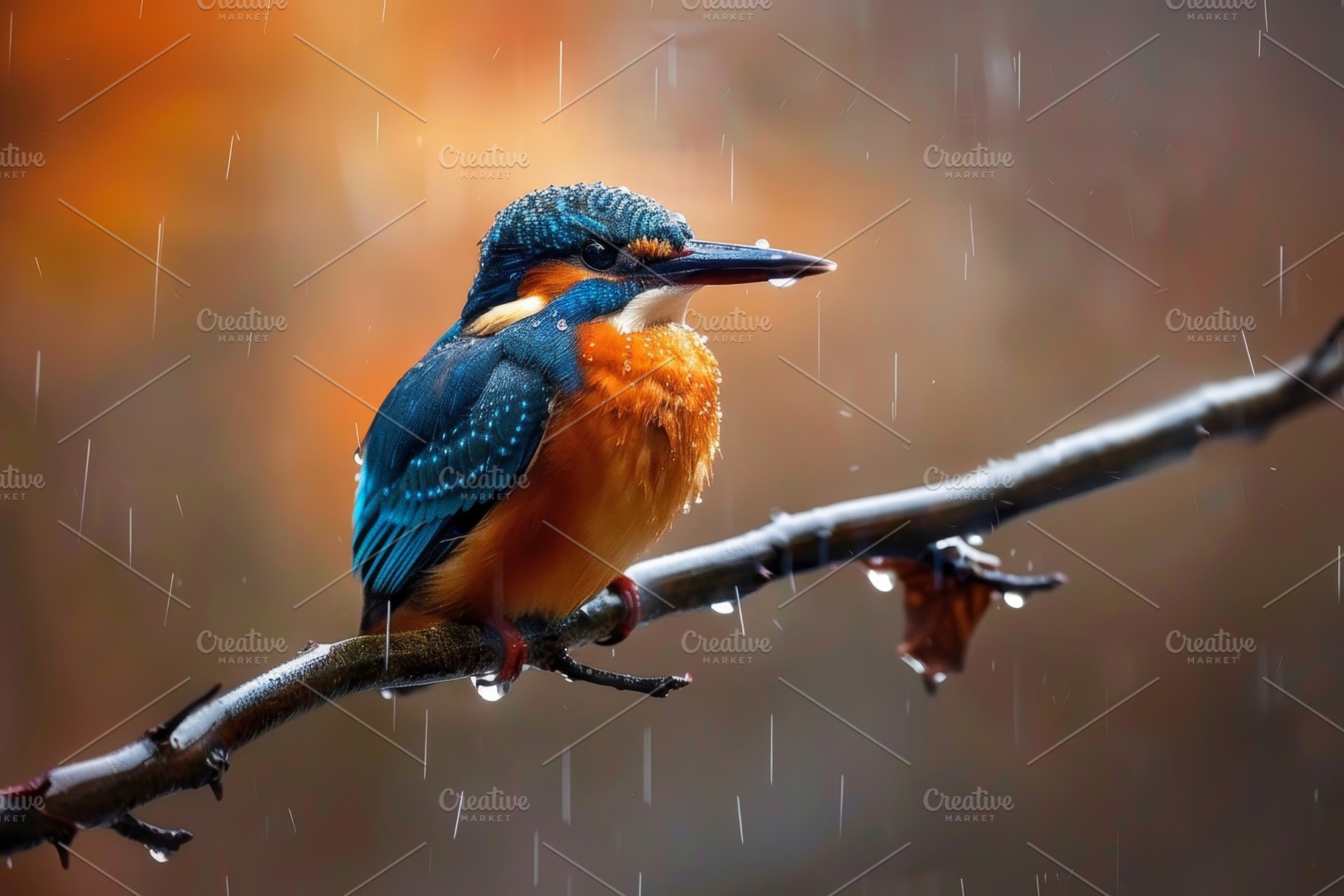 A vibrant kingfisher sits on a bare, a Photo by Tanuart