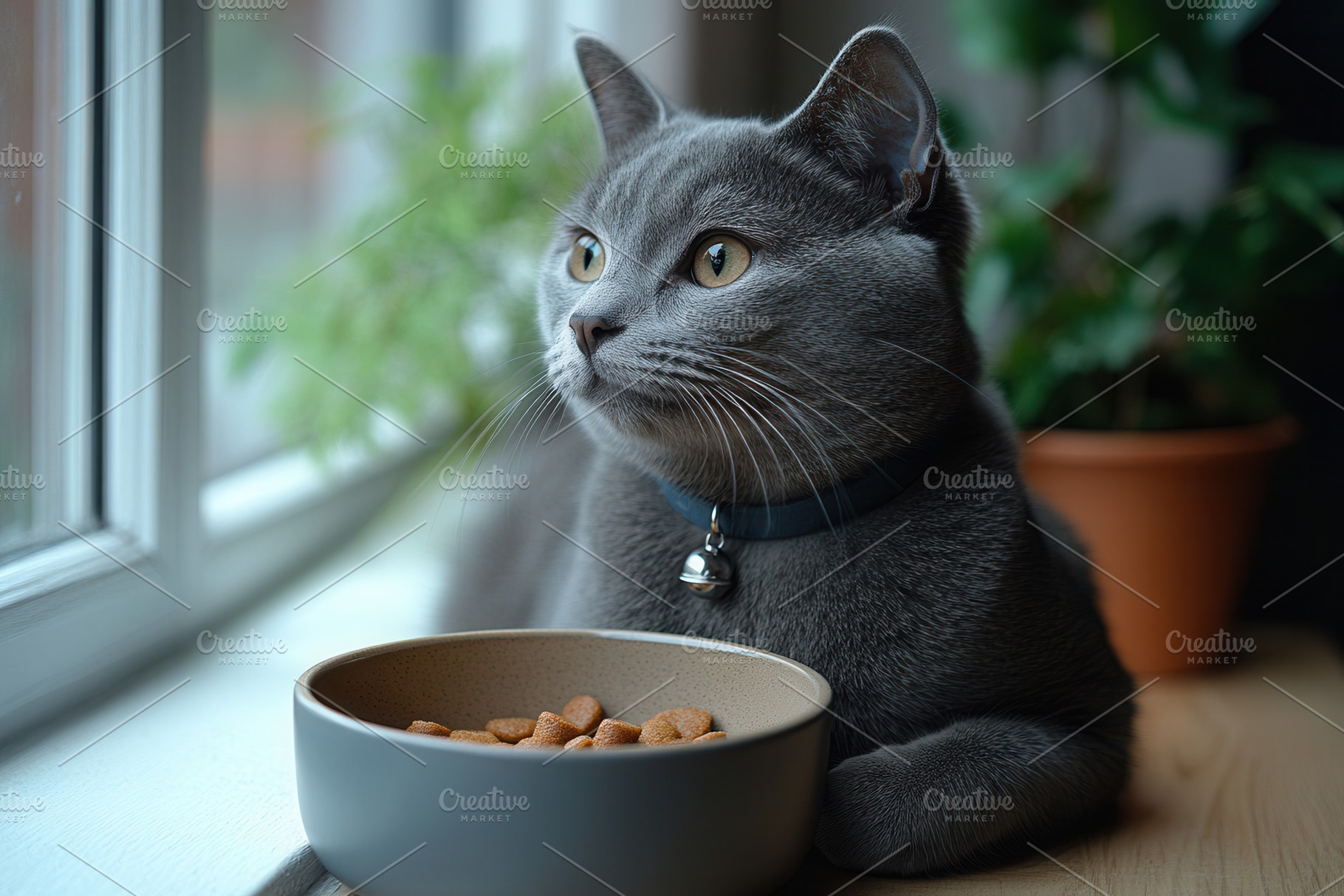 Gray cat gazes out the window while, a Photo by Tanuart