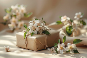 Natural gift box with white blossoms on soft fabric in warm ligh, a Holiday Photo by José Manuel Gelpi