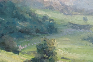 Textured oil painting capturing a serene summer landscape with r, a Decorative Illustration by Studio ANNA
