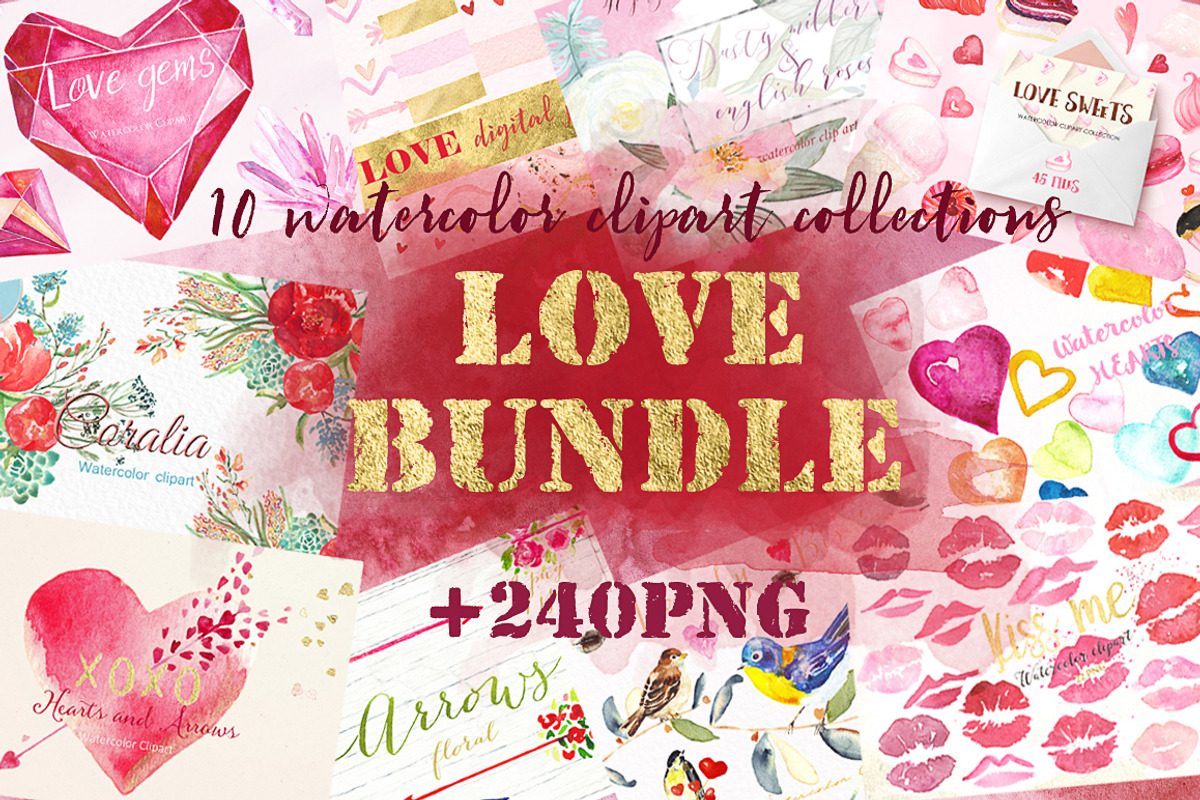Love watercolor bundleValentine, a Decorative Illustration by LABFcreations (Photo 1 of 14)