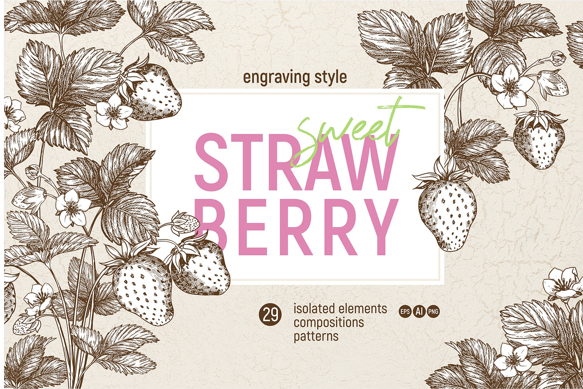 Strawberry. Engraving style vector, a Food Illustration by Tata Pilip (Photo 1 of 6)