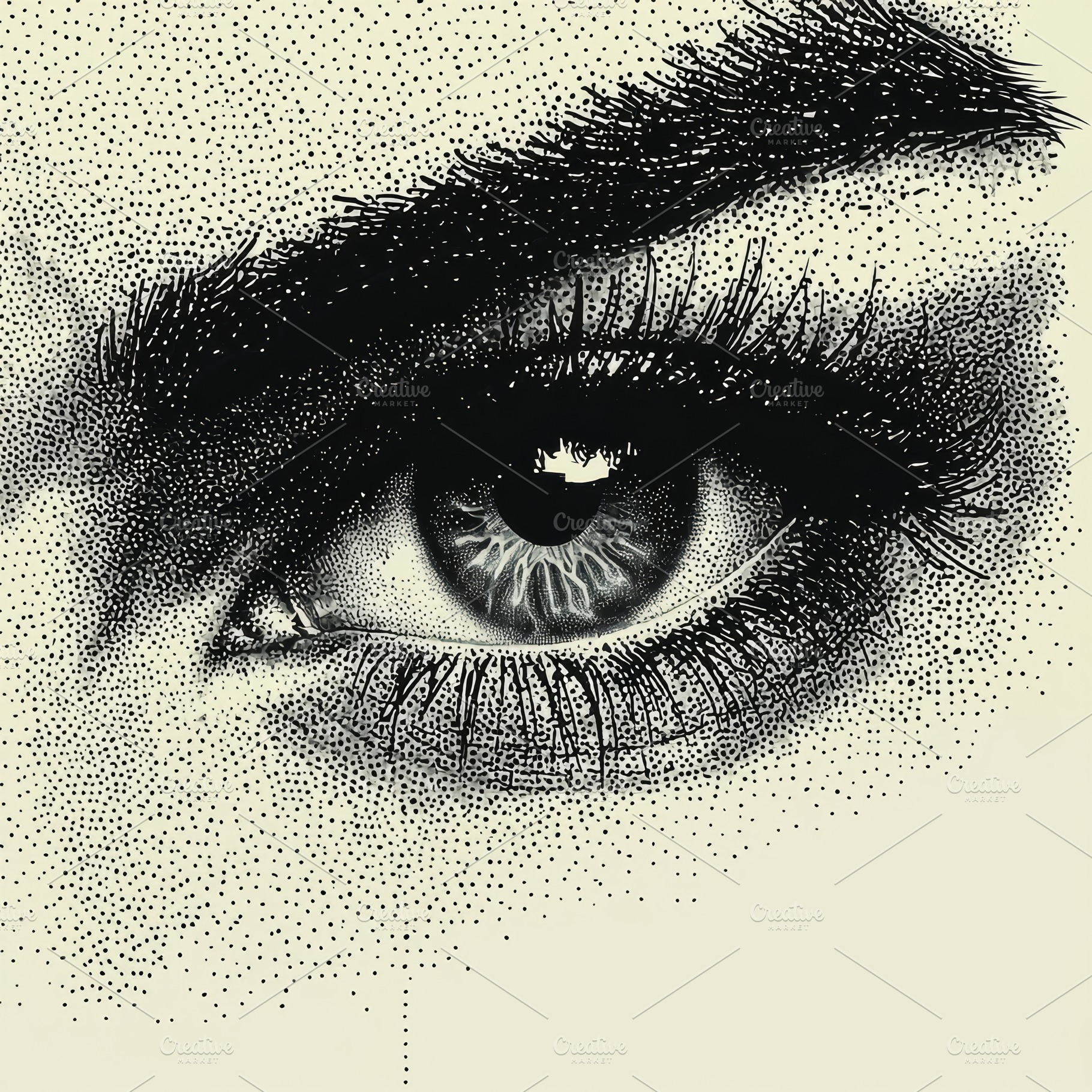 Halftone styled detailed vector illustration of a human eye on light background, a Photo by AS photostudio