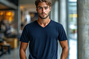 Young man with stylish haircut poses, a Photo by Tanuart
