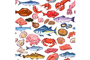 Seafood Seamless Pattern, a Food Illustration by VictoriaSergeeva