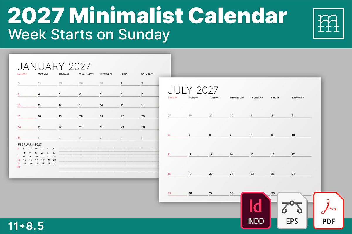 Minimalist Calendar 2027 (MP048-27S), a Stationery Template by mikhailmorosin (Photo 1 of 6)