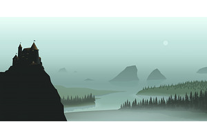 a castle at cliff in green tones, an Illustration by IfH