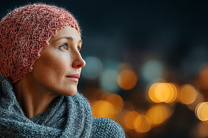 Woman with cancer wearing knitted hat gazing into distance with city lights bac, a Photo by AS photostudio