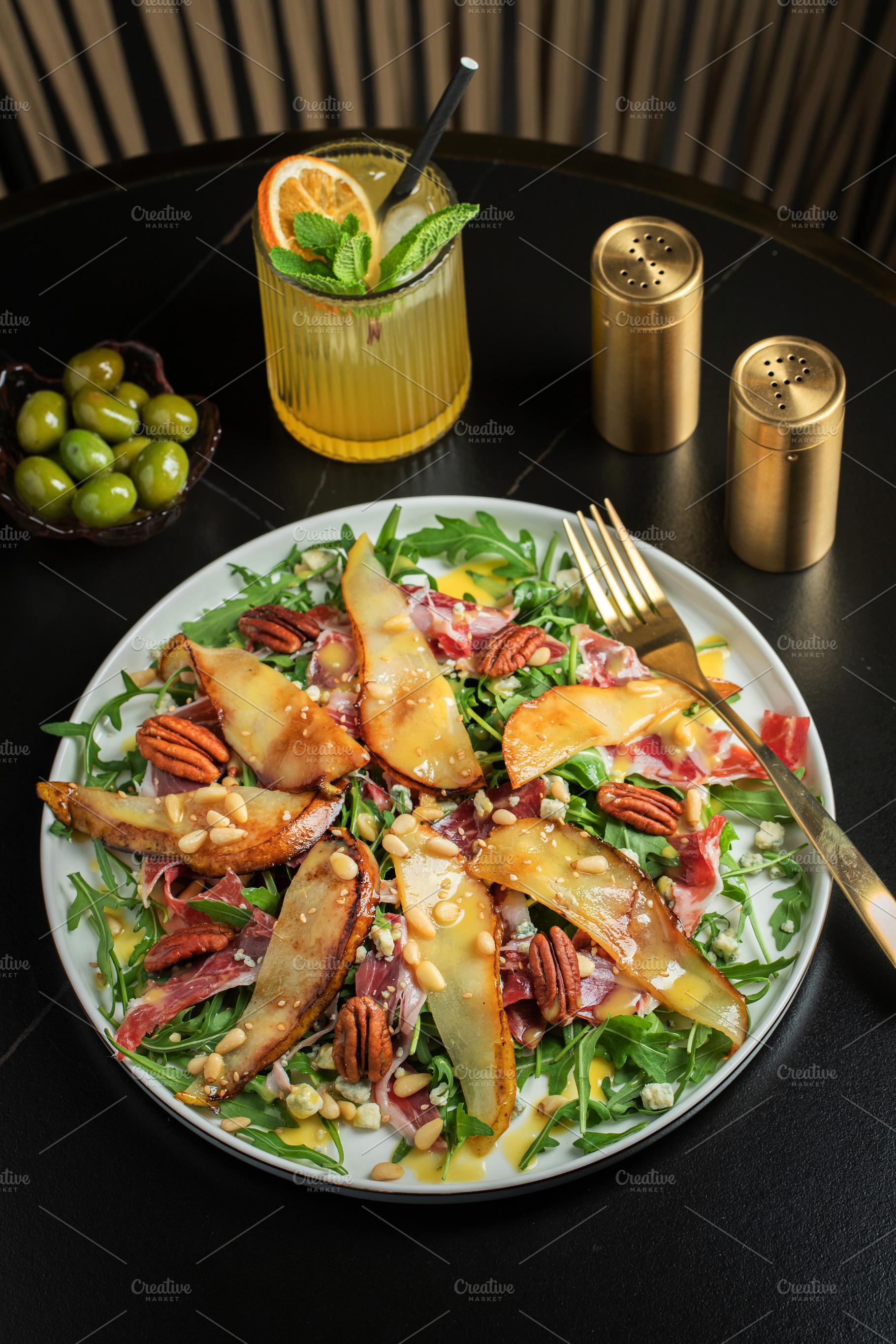 Salad with Pear, Arugula, Jamon, Blue Cheese and Blueberry, Deli, a Food & Drink Photo by Budarinphoto