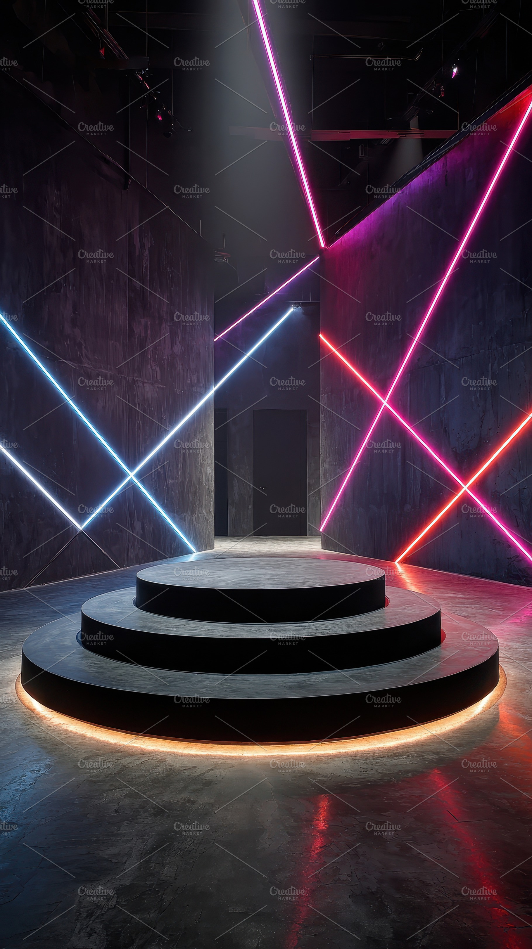 Neon Lit Stage Platform Dark Room Ab, a Photo by Pixeness Studio