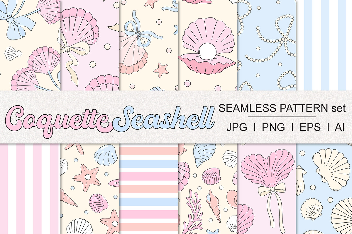 Coquette Sea shells seamless pattern, a Pattern Graphic by @olga.angelloz (Photo 1 of 3)