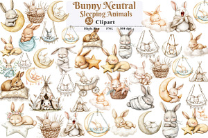 Bunny Neutral Sleeping Animals png, an Illustration by Watercolor design