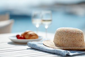 Straw hat, striped cloth, croissant, a Food & Drink Photo by MistyDay