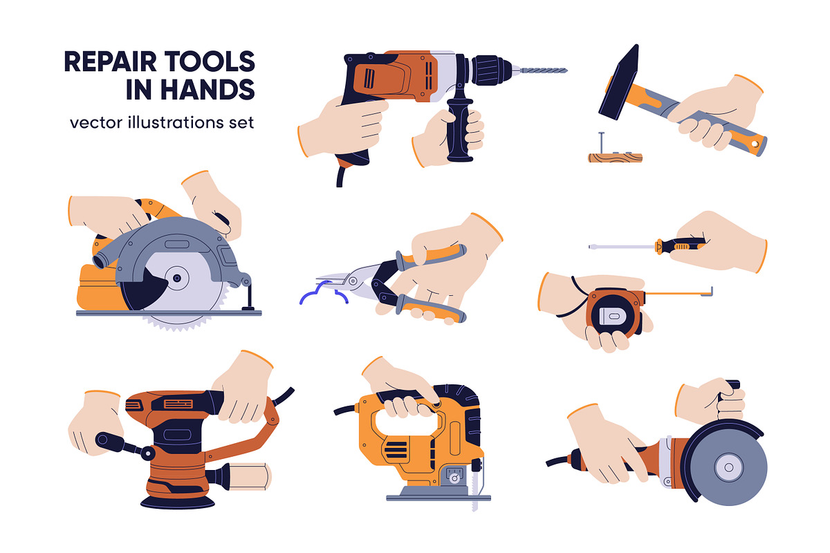 Repair, building tools in hands set, a Work Illustration by Good Studio (Photo 1 of 9)