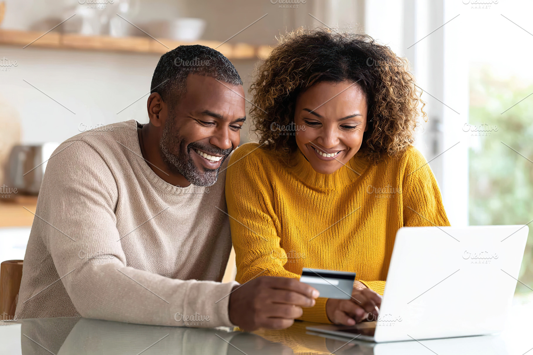 Couple shopping online together while smiling at a laptop in their cozy living, a Photo by AlyaAnd