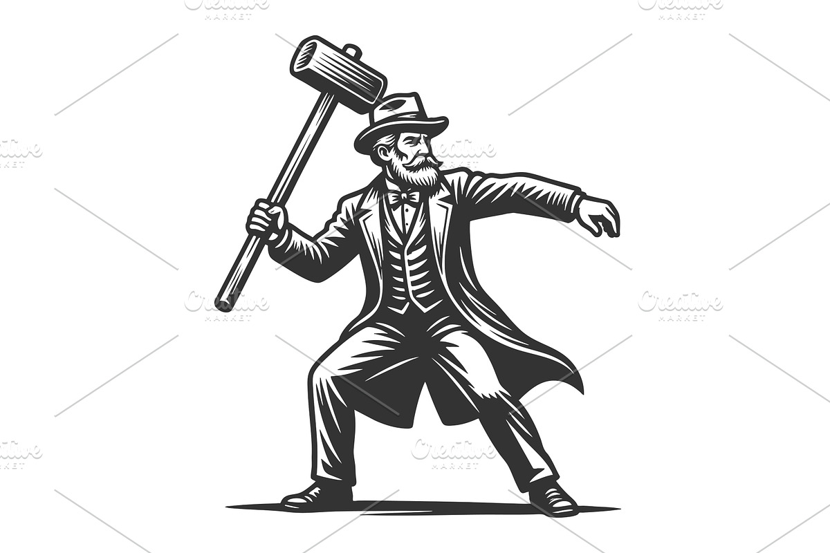 Man Wielding Large Wooden Mallet, a Person Illustration by AlexArt
