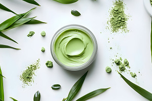 Natural green skincare cream with matcha and leaves, a Beauty & Fashion Photo by Photostock