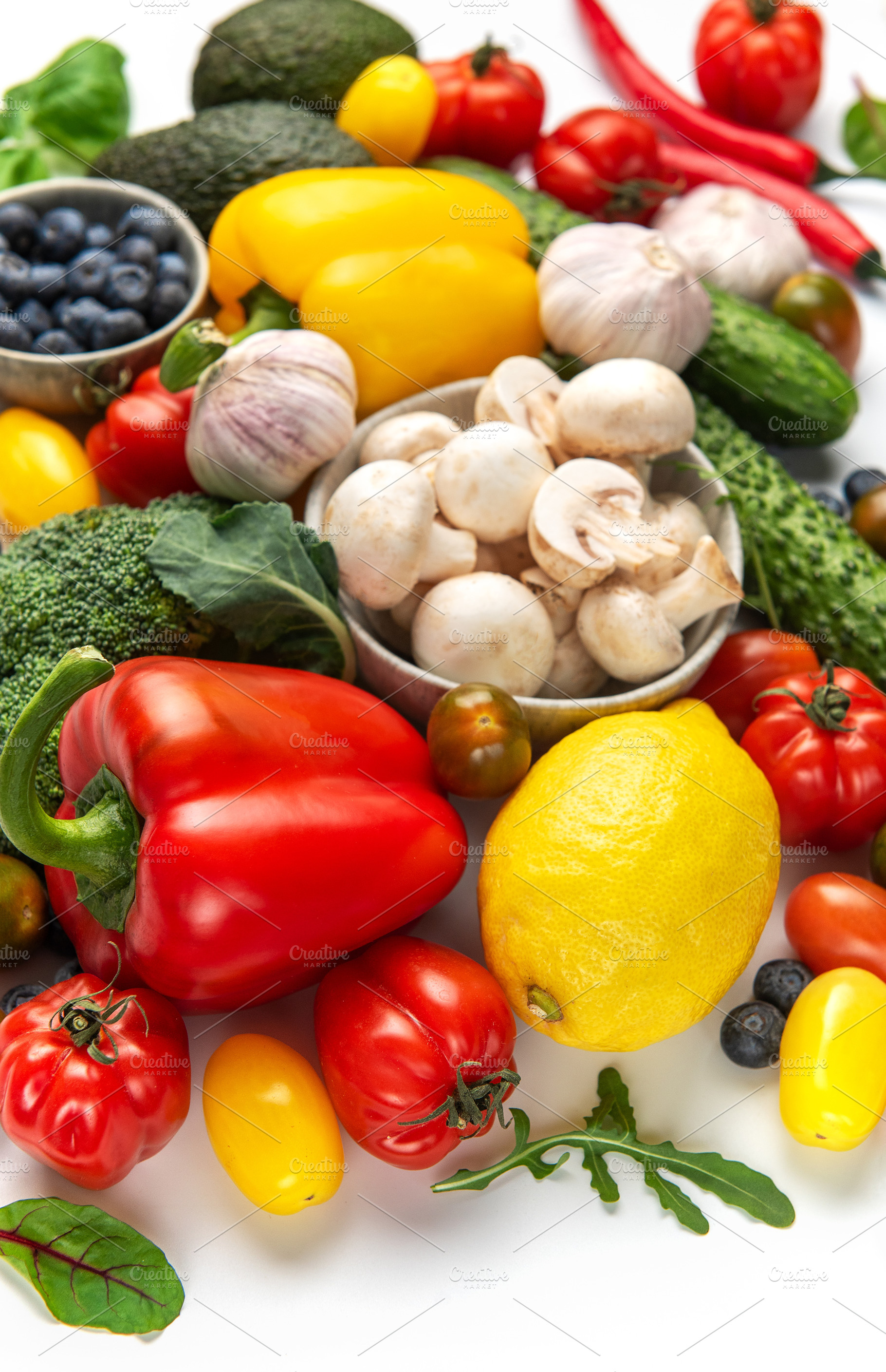 Fresh organic fruits and vegetables creating healthy food backgr, a Photo by Olena Rudo