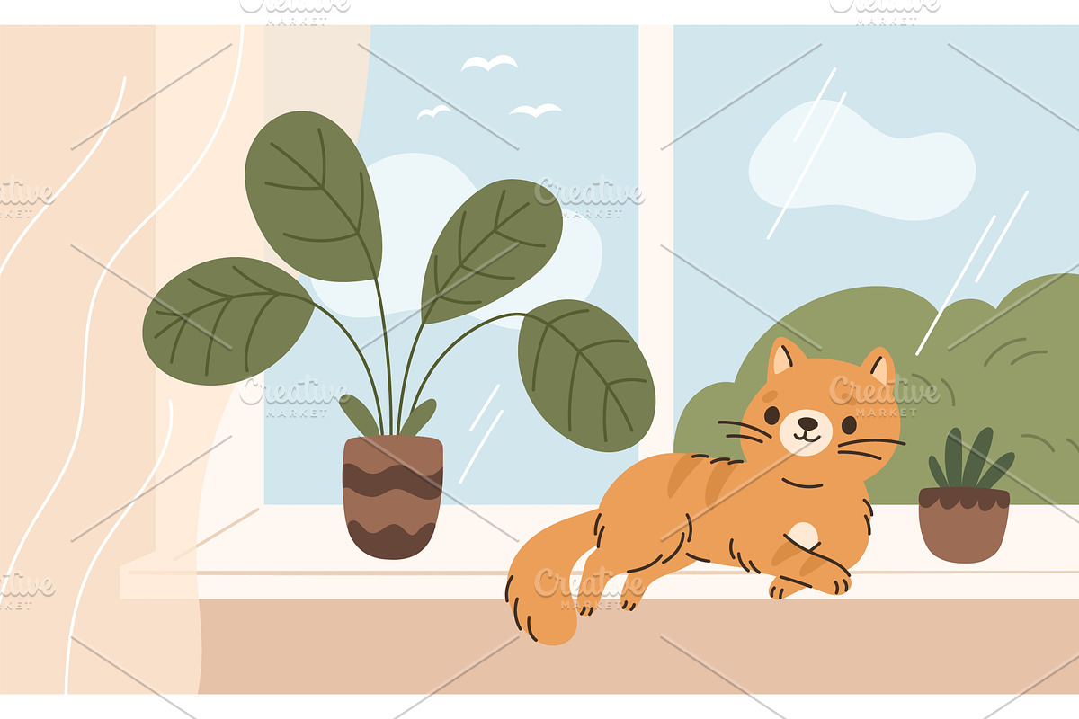 Cat at home. Relaxed pet lying on, an Animal Illustration by YummyBuum