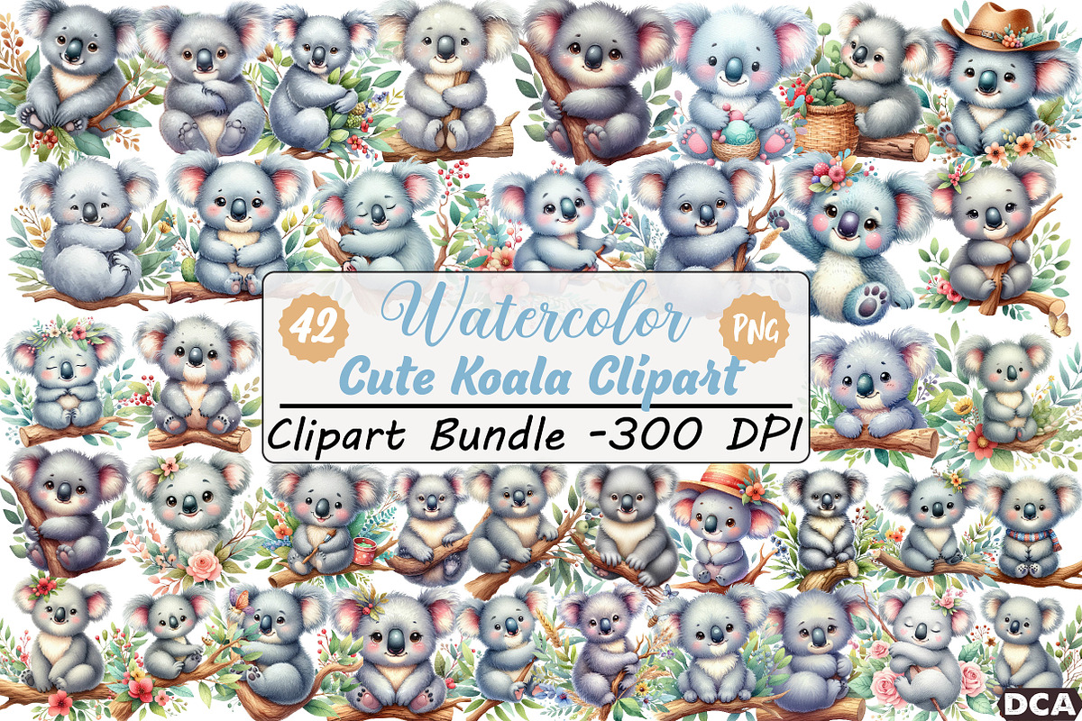 Cute Watercolor Koala Clipart, an Illustration by DreamCafeArt (Photo 1 of 7)