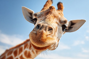 Giraffe approaches the camera in a bright blue sky at the wildlife sanctuary, an Animal Photo by AlyaAnd