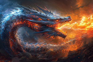 An epic dragon spreads its wings sur, a Photo by LOGOCREATIVE