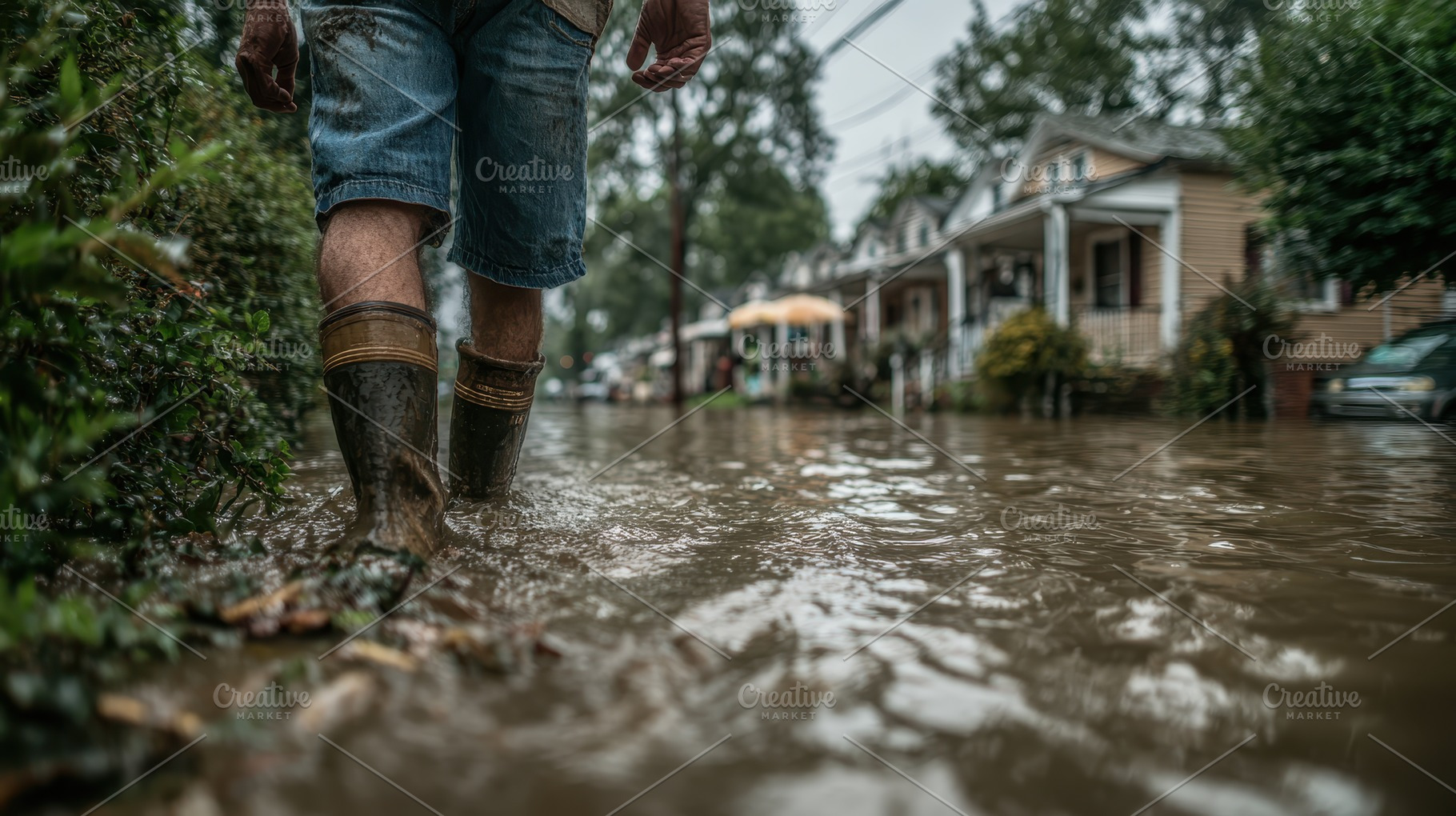 Man wading through floodwaters in re, a Photo by Pixeness Studio