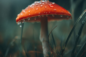 Raindrops on Wild Mushroom Cap, a Nature Photo by Virgo Studio