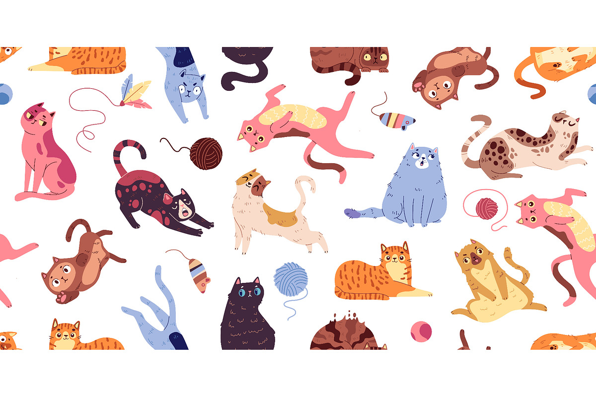 Cute doodle cats seamless pattern, an Animal Illustration by Ksania
