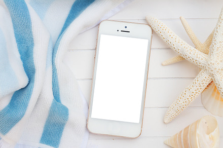 phone with beach towel and seashells, a Holiday Photo by Neirfy