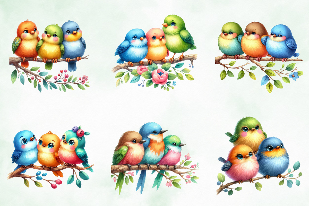 Funny Colorful Birds Watercolor Png, an Illustration by Creative Art (Photo 6 of 6)