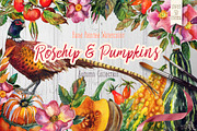 Watercolor Rosehip & Pumpkins Set, an Illustration by Fluffy Unicorn (Thumbnail 1 of 9)